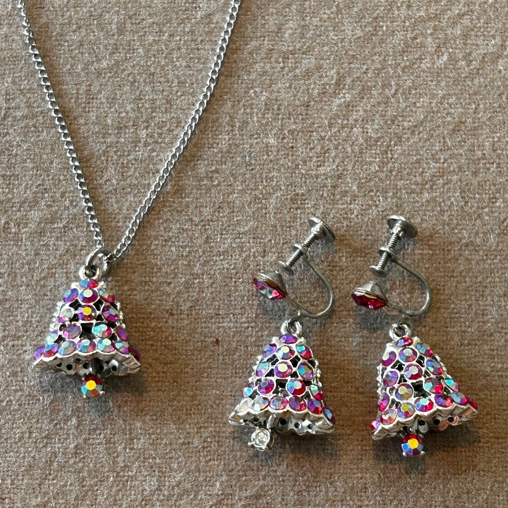 Vintage Christmas jewelry Multicolor jewel Bell earrings and necklace​